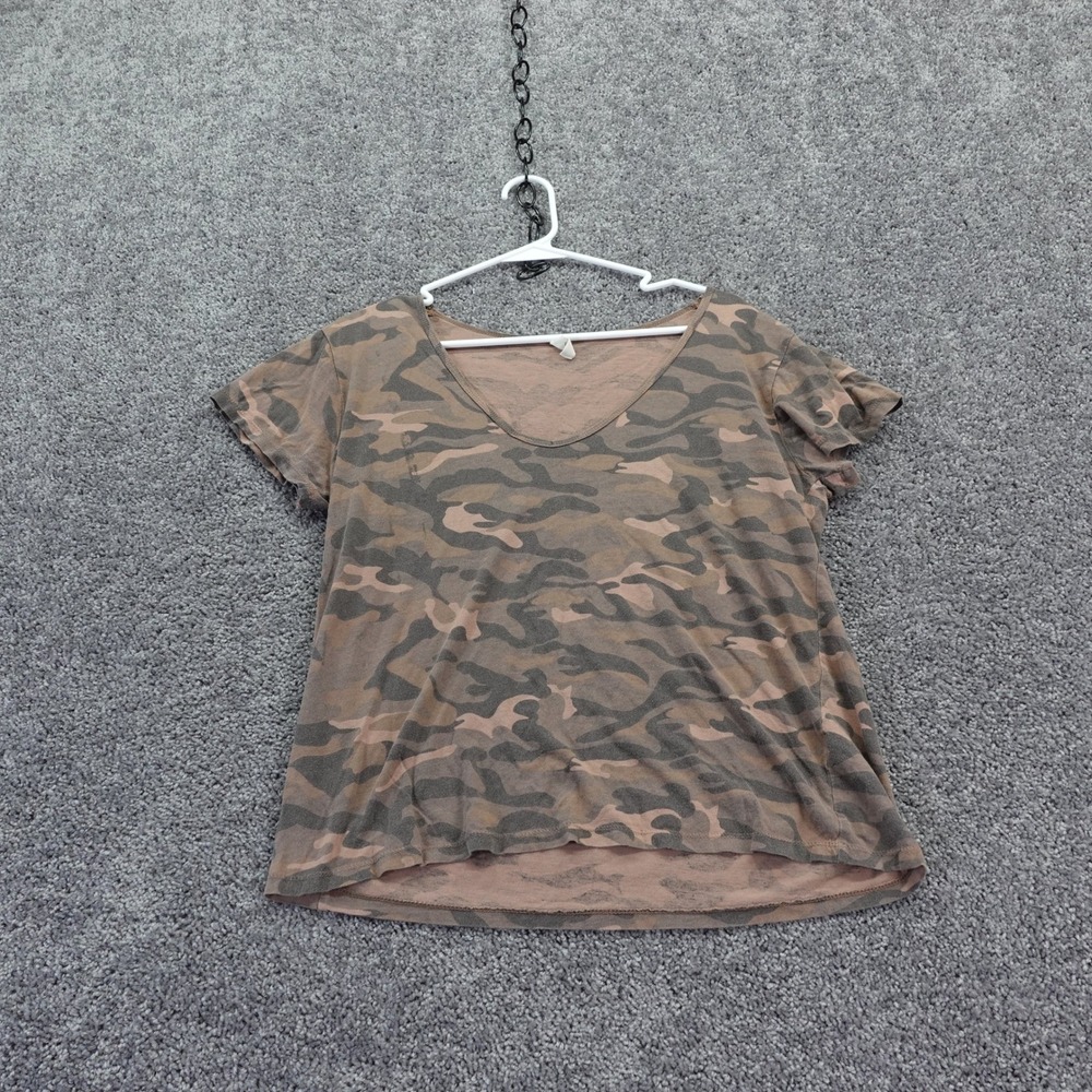 Wishlist T Shirt Womens Large Brown Camo V Neck Cotton Short Sleeve Casual